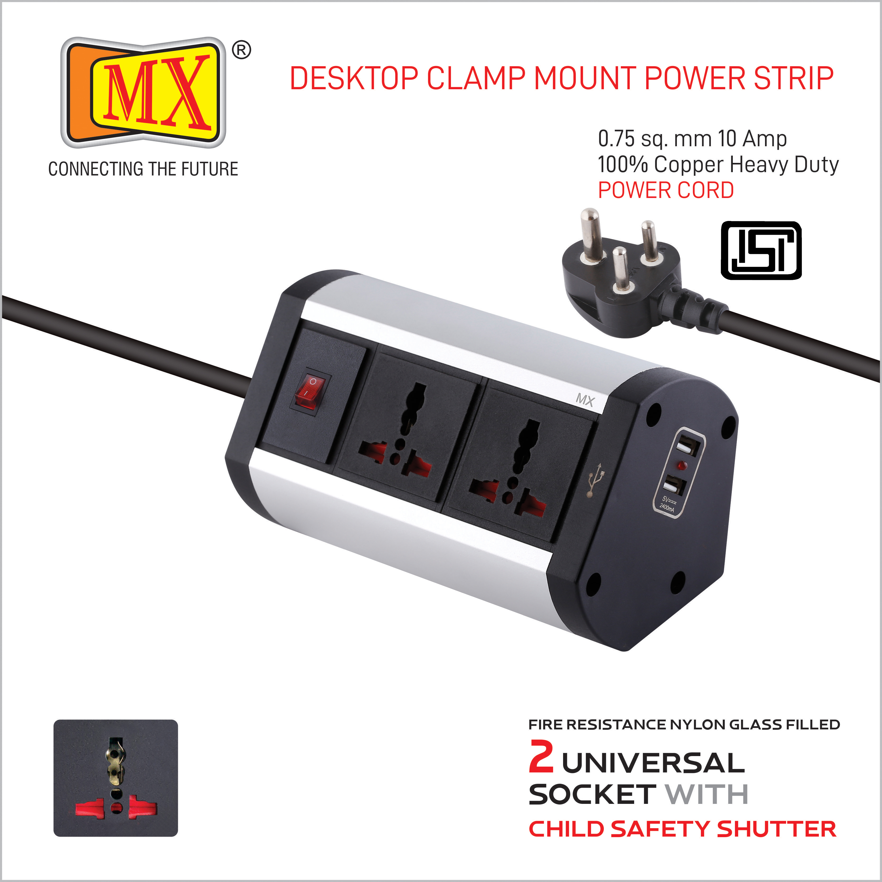Mx Premium Power Console 6 Amp 2 Universal Sockets With 2 Usb Charging Port Extension Board With Removable Desk Clamp Power Strip Master Switch 1.5 M 3 Pin Plug Extension Cord (Mx-4173 1.5 Mtr )