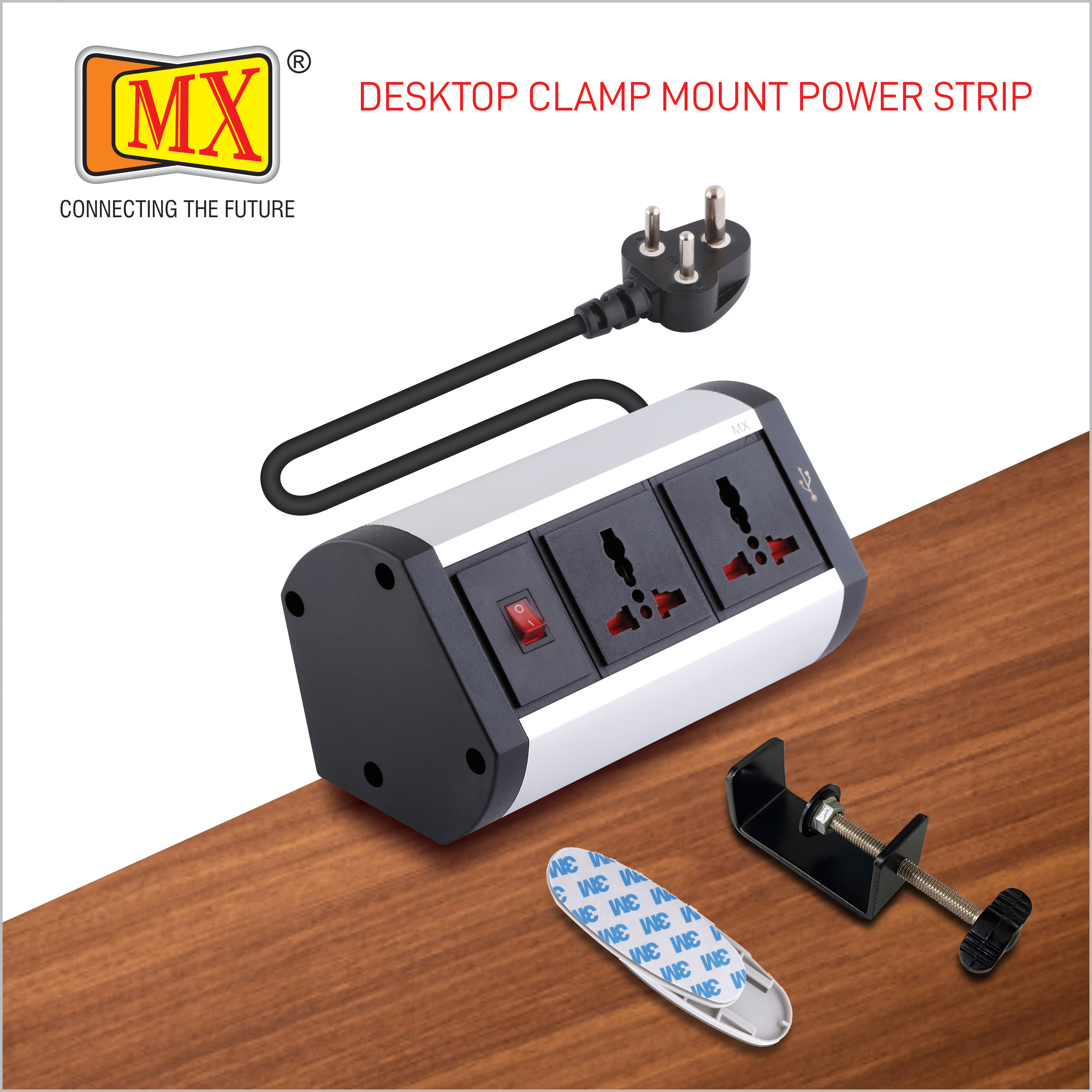 Mx Premium Power Console 6 Amp 2 Universal Sockets With 2 Usb Charging Port Extension Board With Removable Desk Clamp Power Strip Master Switch 1.5 M 3 Pin Plug Extension Cord (Mx-4173 1.5 Mtr )
