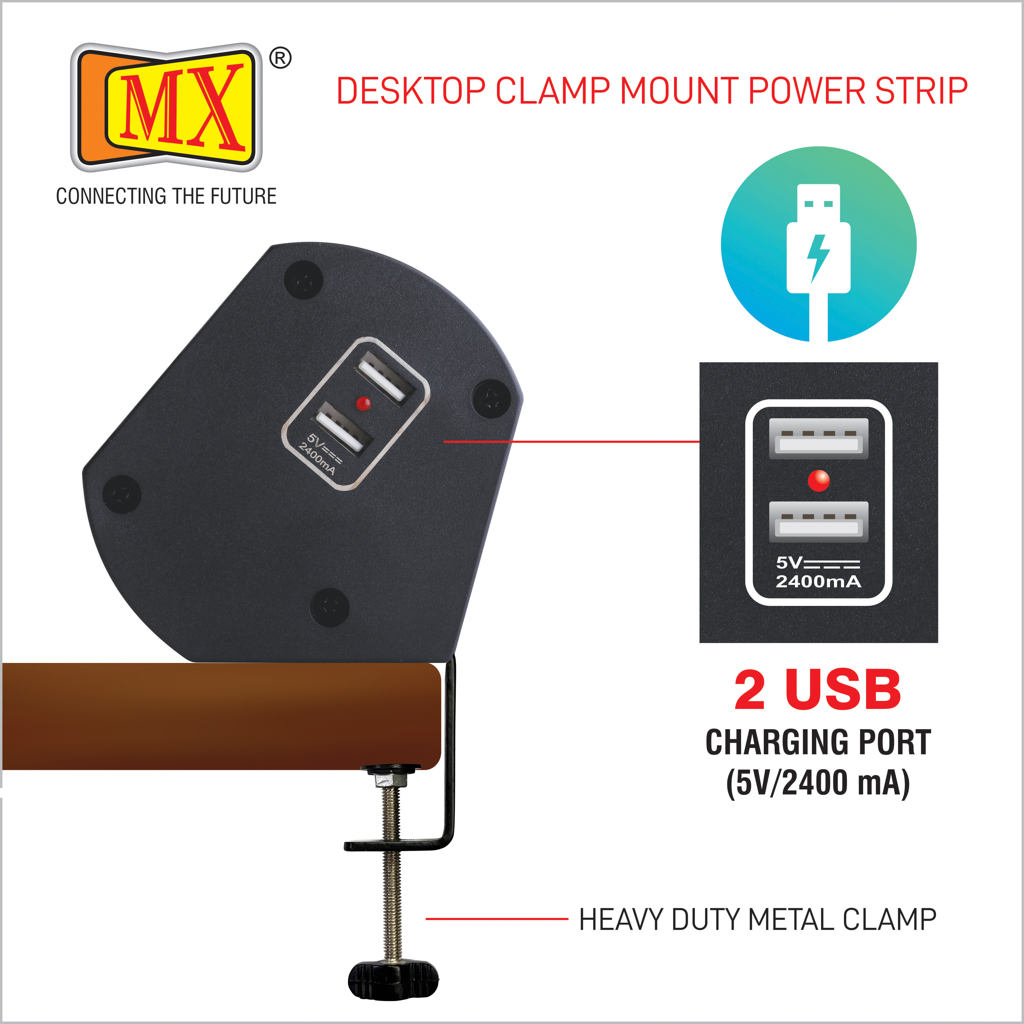 Mx Premium Power Console 6 Amp 2 Universal Sockets With 2 Usb Charging Port Extension Board With Removable Desk Clamp Power Strip Master Switch 1.5 M 3 Pin Plug Extension Cord (Mx-4173 1.5 Mtr )