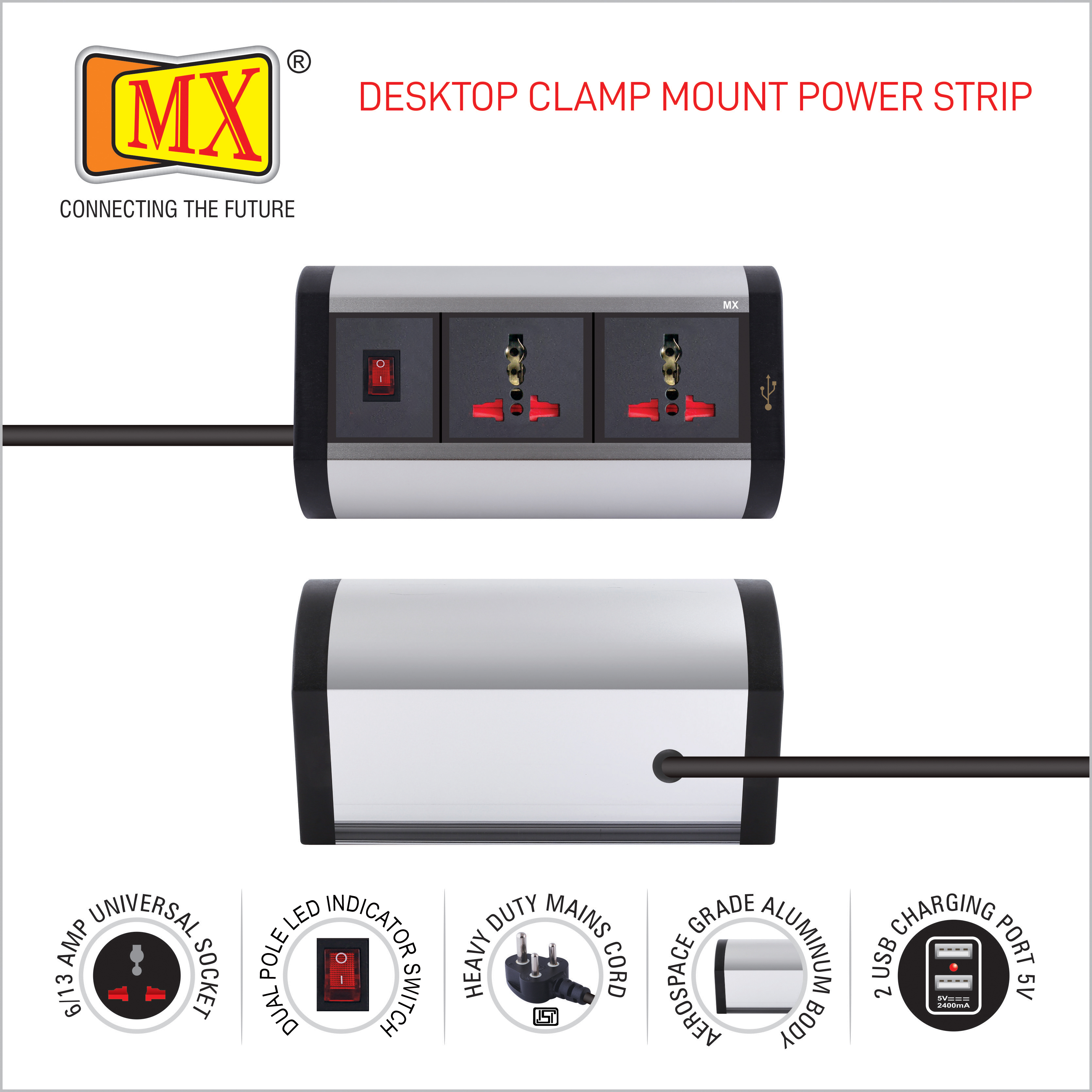 Mx Premium Power Console 6 Amp 2 Universal Sockets With 2 Usb Charging Port Extension Board With Removable Desk Clamp Power Strip Master Switch 1.5 M 3 Pin Plug Extension Cord (Mx-4173 1.5 Mtr )