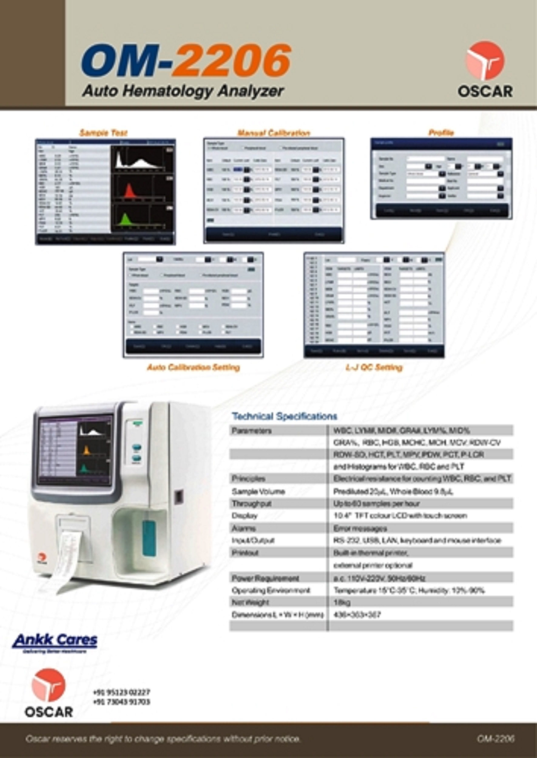 Oscar 3-part Om-2206 Auto Hematology Analyzer