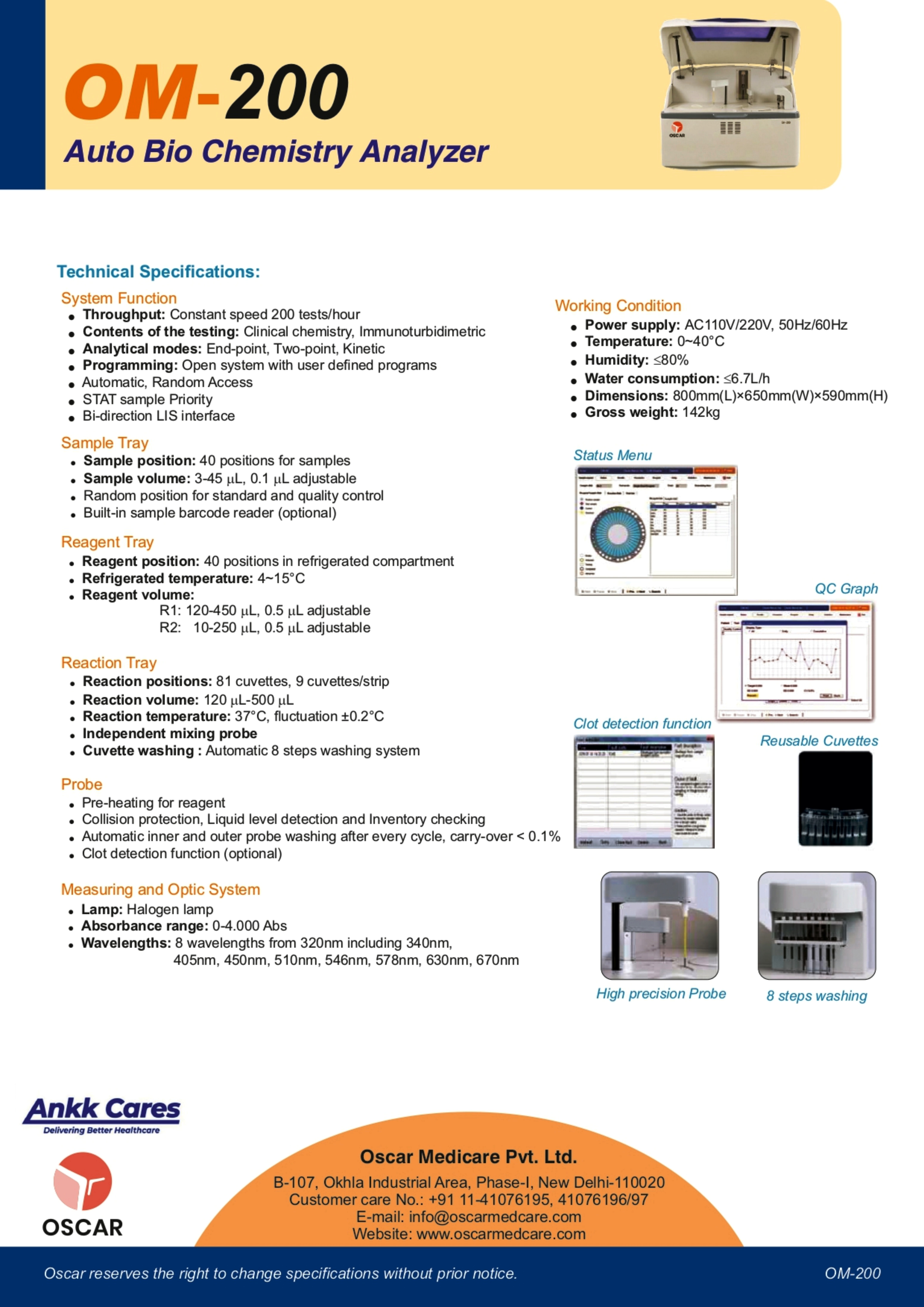 Oscar Fully Auto Biochemistry Analyzer Os-200 - Constant Speed 200 Tests Per Hour, Automatic 8-step Washing System, User-friendly Windows Software