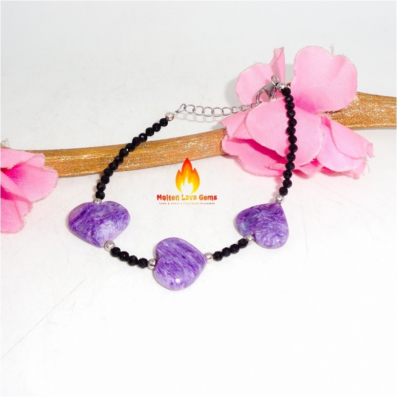 Round Charoite 925 Sterling Silver Bead Bracelet