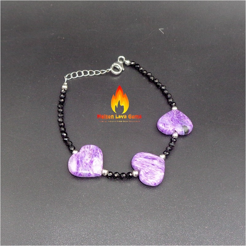 Round Charoite 925 Sterling Silver Bead Bracelet