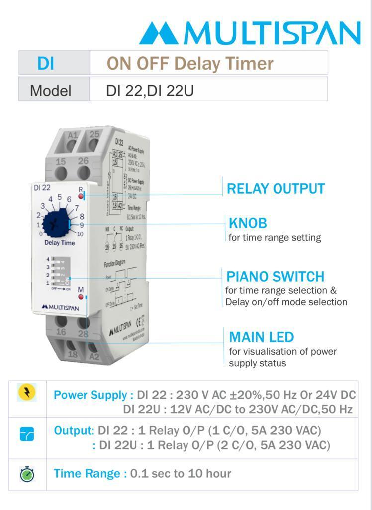 Di-22 / Di-22u Multispan Timer - Plastic, 90 X 22.5 X 67.5 Mm, White | 230v Voltage Range, 1 Year Warranty, Multi-range Delay Time Function