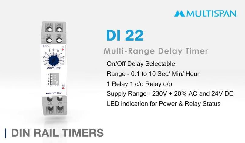 Di-22 / Di-22u Multispan Timer - Plastic, 90 X 22.5 X 67.5 Mm, White | 230v Voltage Range, 1 Year Warranty, Multi-range Delay Time Function