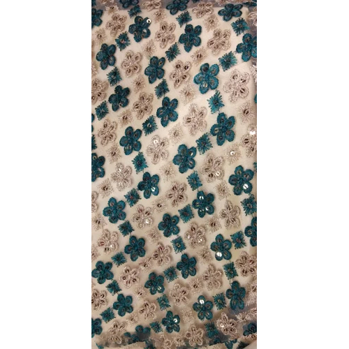 Net Embroidered Fabric - Net Embroidered Fabric, Different Size , Green and Cream Color, Washable, Printed Pattern, Embroidered Texture