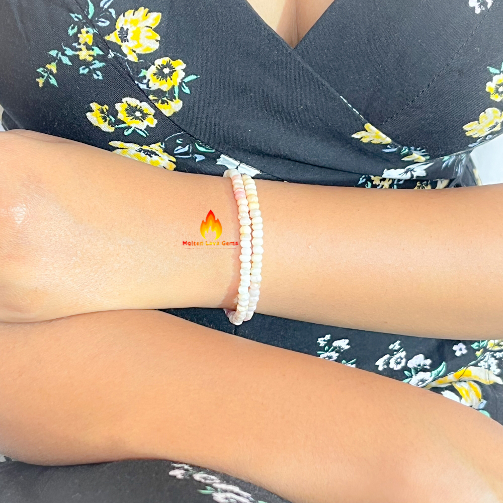 Round Pink Opal 925 Sterling Silver Bead Bracelet