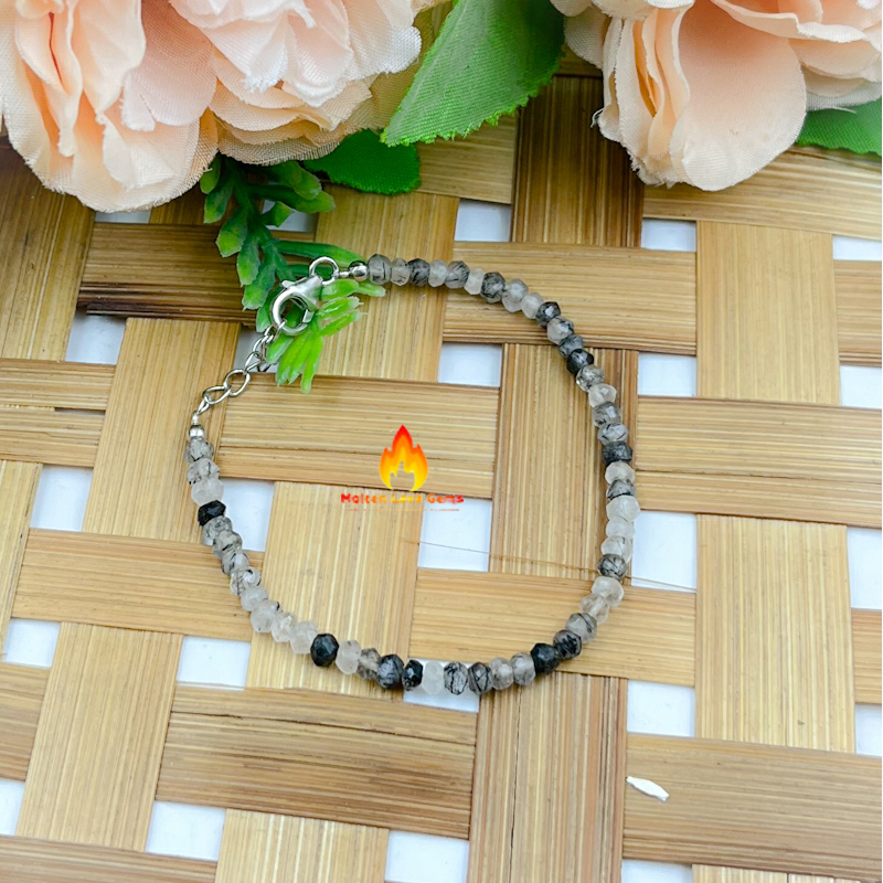 Round Rutile 925 Sterling Silver Bead Bracelet
