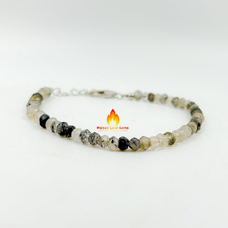 Round Rutile 925 Sterling Silver Bead Bracelet