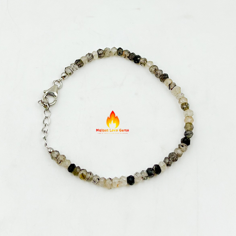 Round Rutile 925 Sterling Silver Bead Bracelet