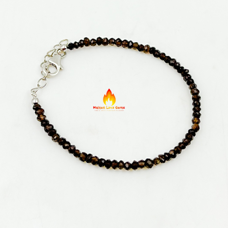 Round Smokey Quartz 925 Sterling Silver Bead Bracelet