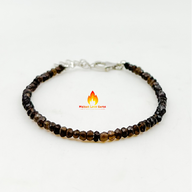Round Smokey Quartz 925 Sterling Silver Bead Bracelet