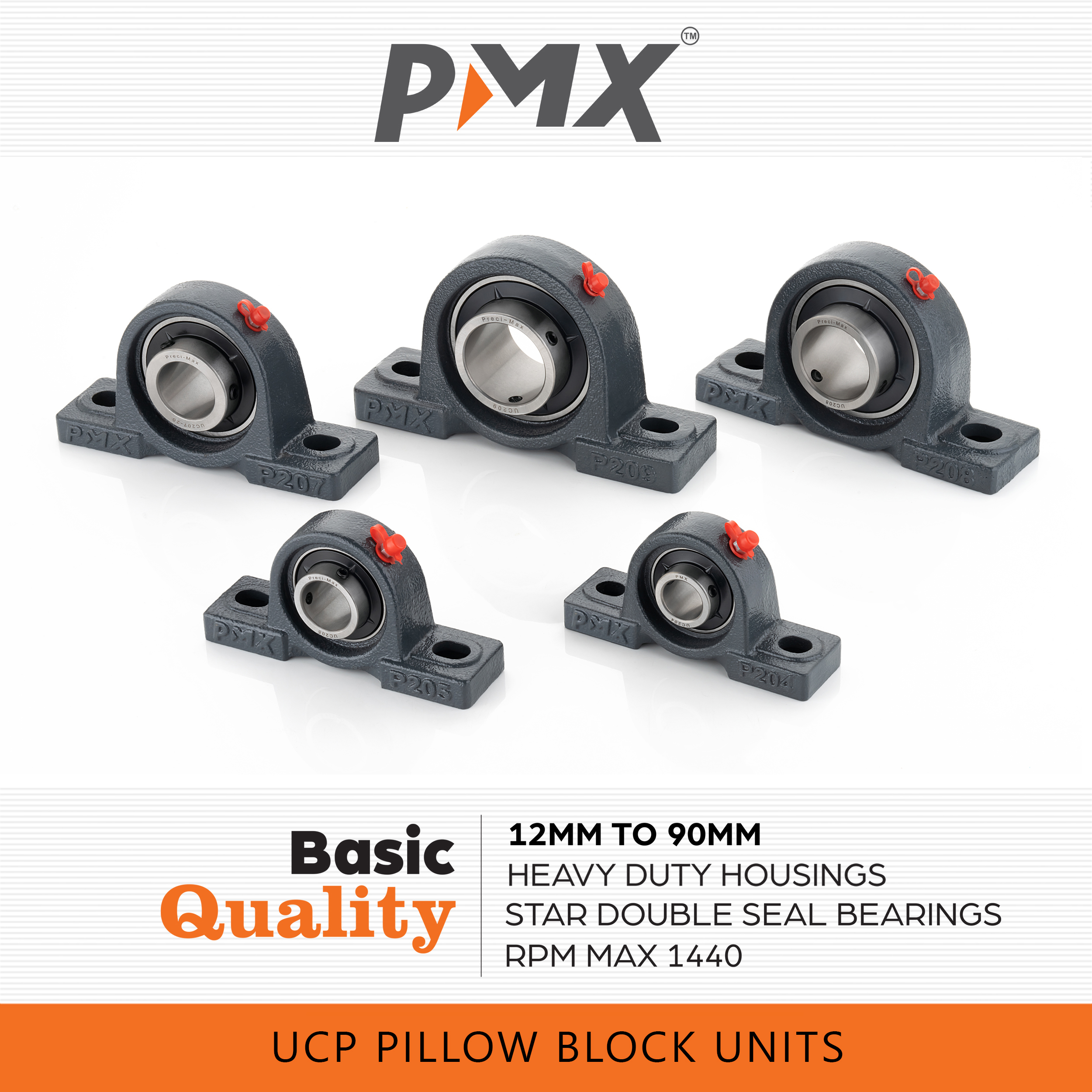 Ucp Series Bearings - Chrome Steel, Bore Size 12 To 90 Mm, Grey Color, Single Row Usage - Limiting Speed 1440 Rpm, Double Star Seal, 0.740 To 13.000 Kg Weight