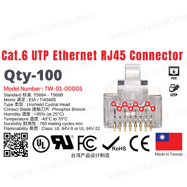 Rj45 Connector Cat6 Utp Zigzag 100set - Gold Plated 8p8c, Pass-through Design Enhances Signal Integrity And Clarity, Staggered Jacks