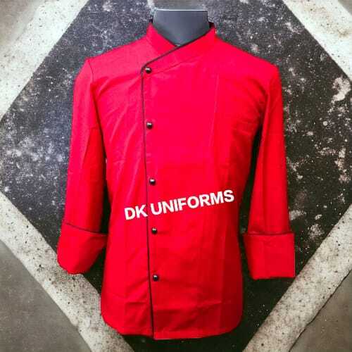 Cotton Chef Coat - Customized Size 36-44, Red Color, Trendy Button Style | Suitable for Summer, Winter & Rainy Seasons, Plain Pattern, Designed for Men