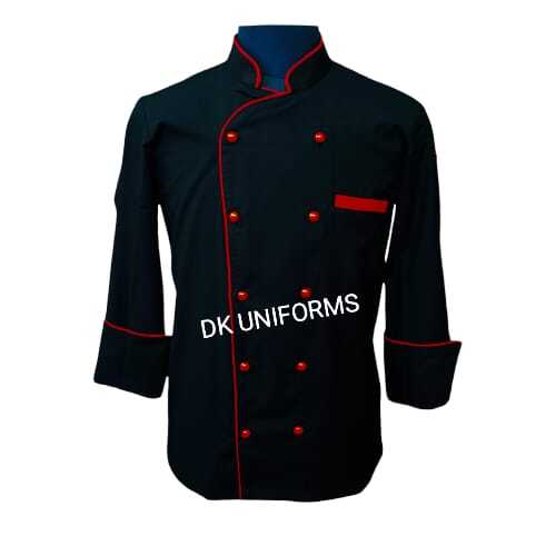 Black Chef Coat - Cotton , Size 36-44 , Black/Red Piping , Unisex Long Sleeve , Standard Collar , Trendy Button Style , One Pocket