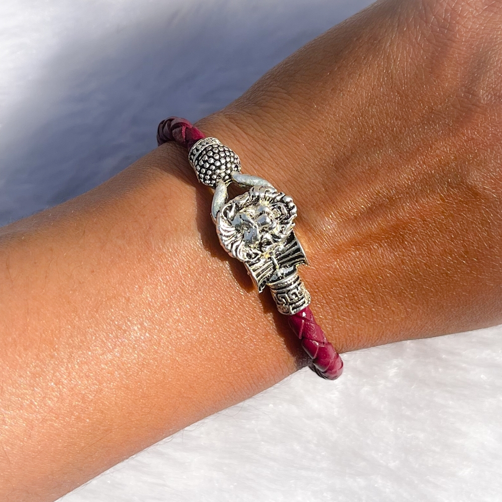 Round Om Shiv Leather Cord German Silver Lion Face Bead Bracelet