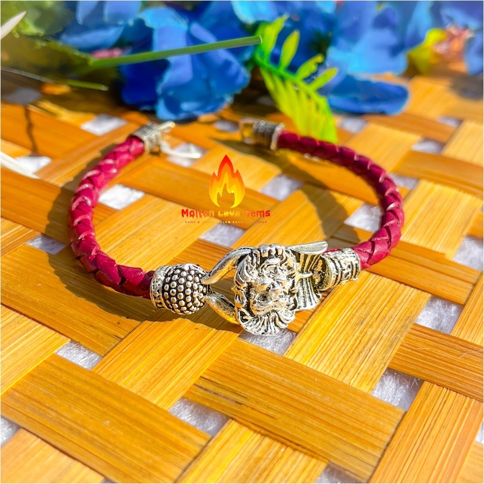 Round Om Shiv Leather Cord German Silver Lion Face Bead Bracelet