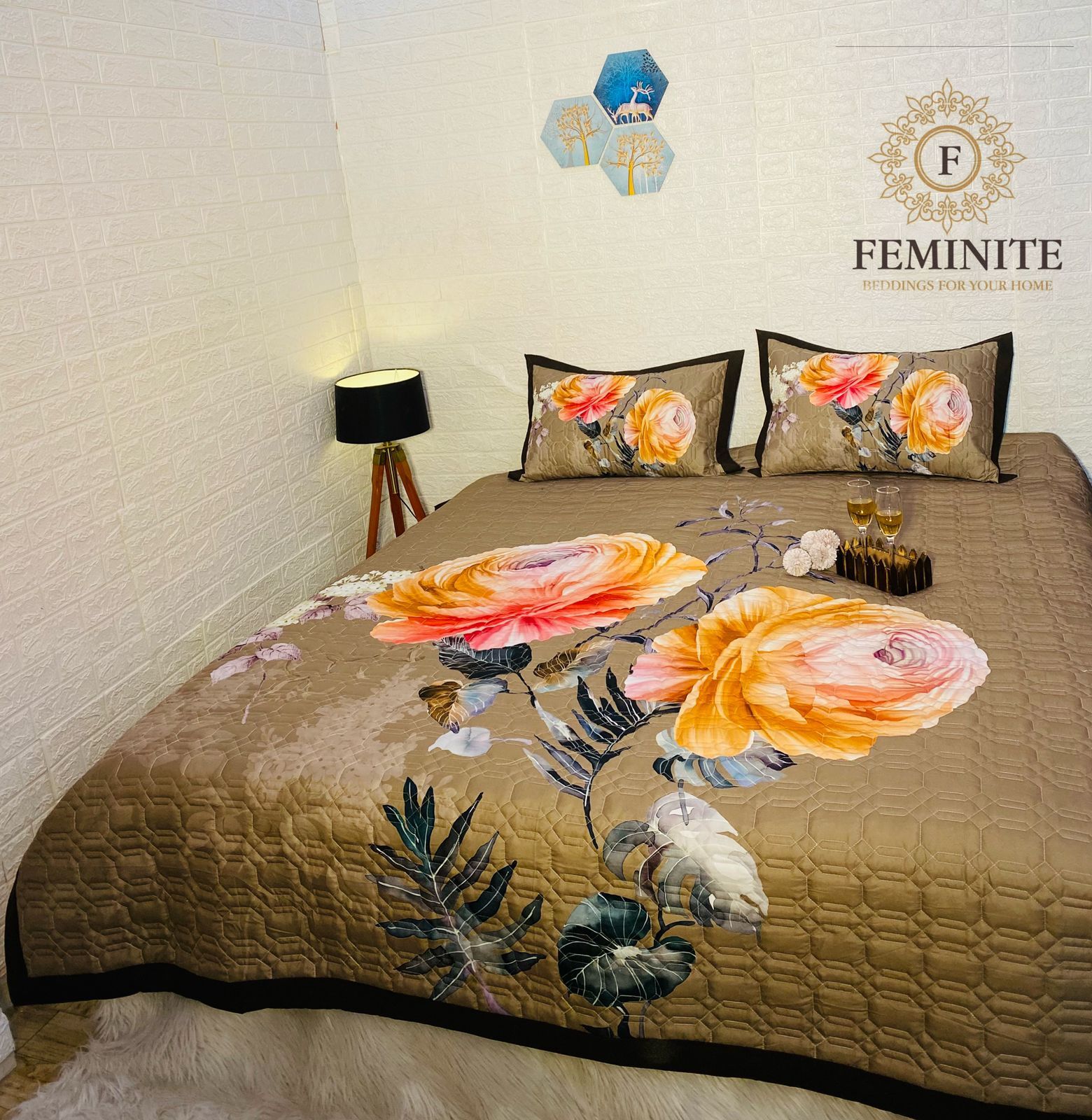 Washable Quilted Panel Print Bed Cover