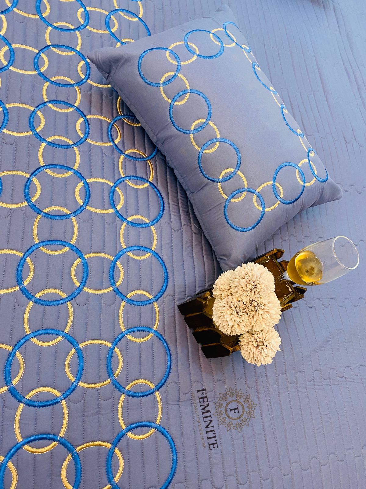 Cotton Bed Cover - Queen/king Size, Bright Yellow With Printed Pattern , Includes 2 Washable Pillowcases