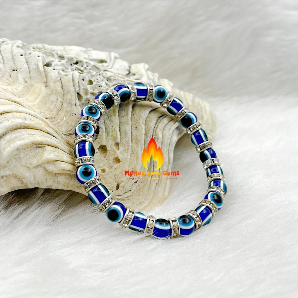 Round Evil Eye Black Blue Stone Stretch Elastic Bead Bracelet