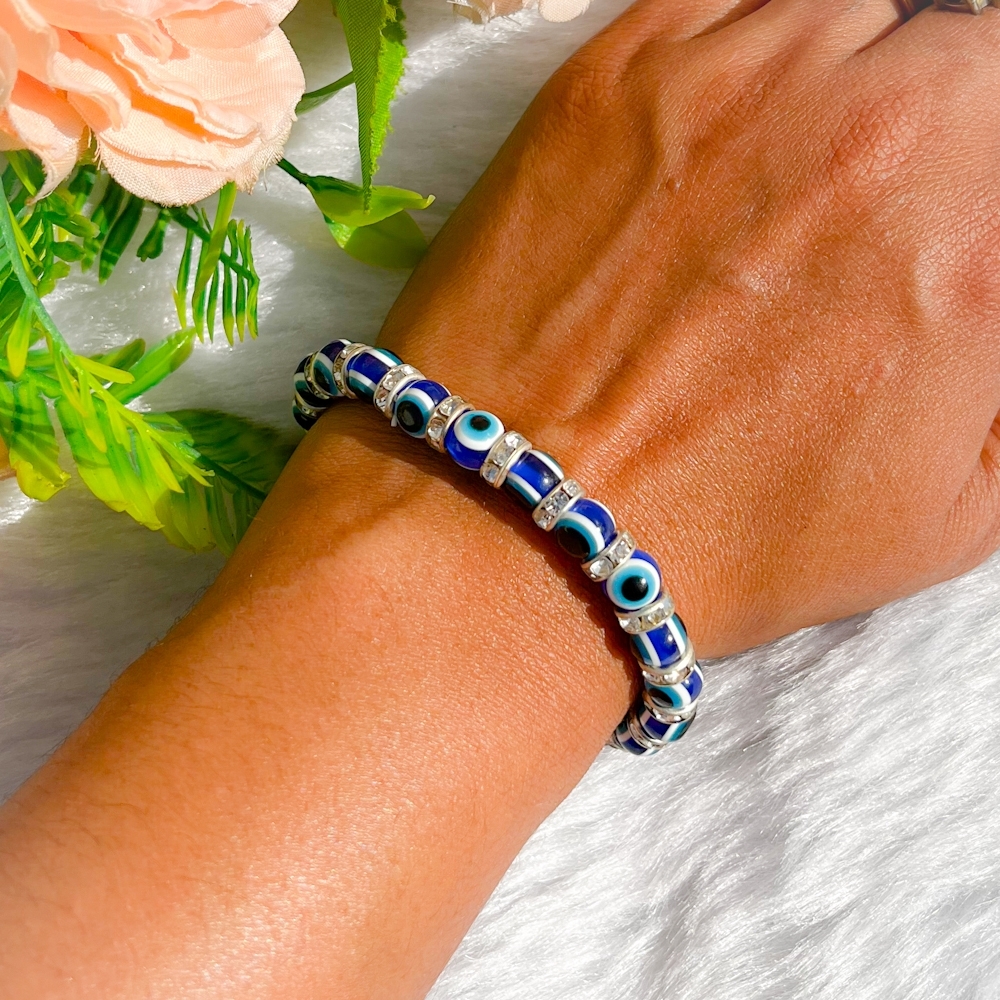 Round Evil Eye Black Blue Stone Stretch Elastic Bead Bracelet