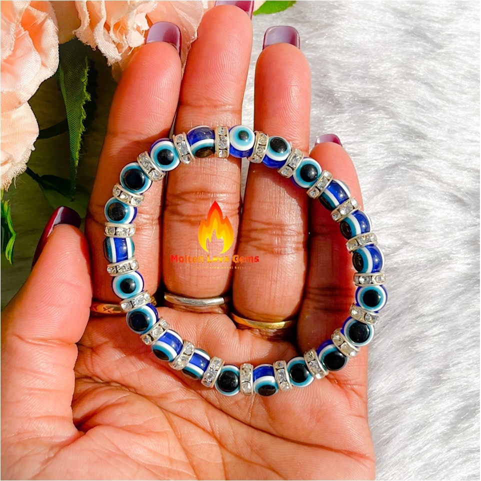 Round Evil Eye Black Blue Stone Stretch Elastic Bead Bracelet