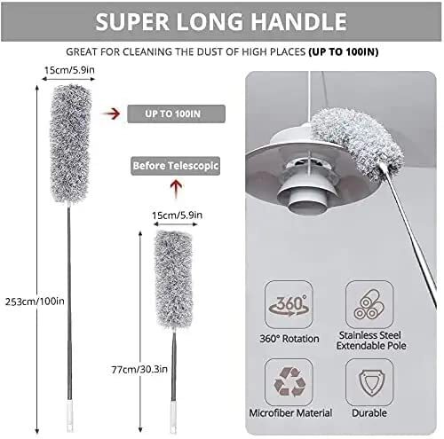 Microfiber Feather Duster Bendable And Extendable Fan Cleaning Duster With 100 Inches Expandable Pole Handle Washable Duster For High Ceiling Fans And Windows