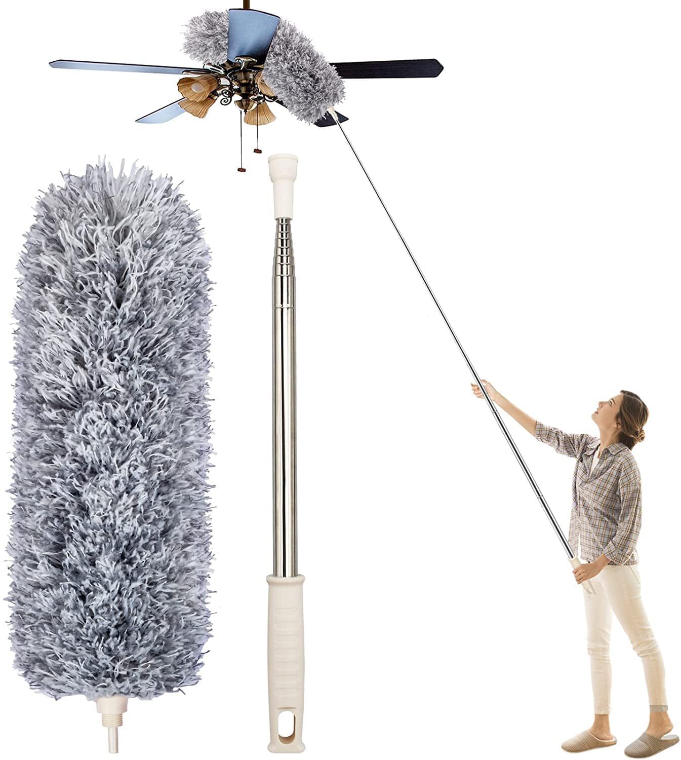 Microfiber Feather Duster Bendable And Extendable Fan Cleaning Duster With 100 Inches Expandable Pole Handle Washable Duster For High Ceiling Fans And Windows