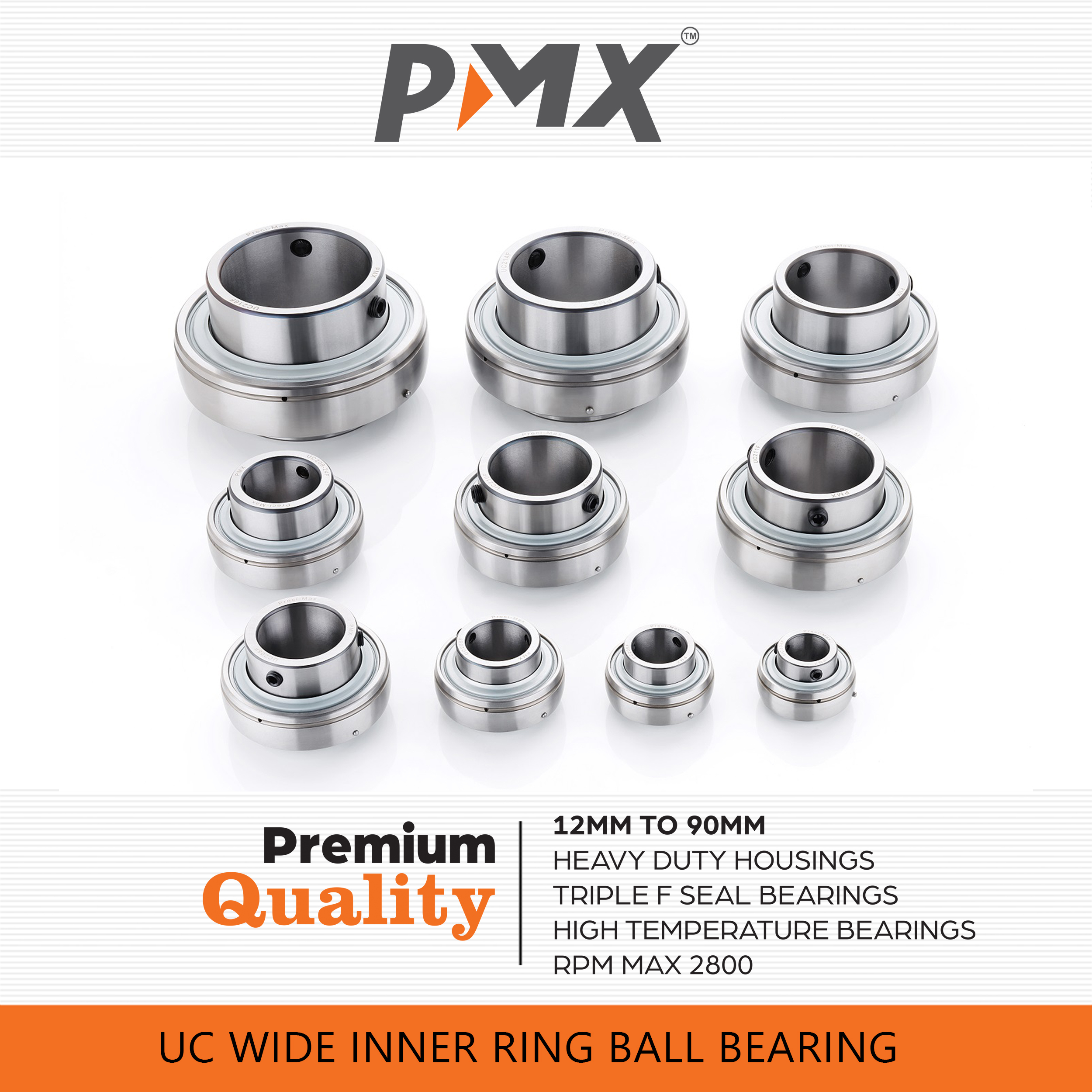 High Temperature Pillow Block Bearing - Chrome Steel, Bore Size 12mm To 90mm | Silver And Grey, F Triple Seal, Limiting Speed 1400 To 2800 Rpm