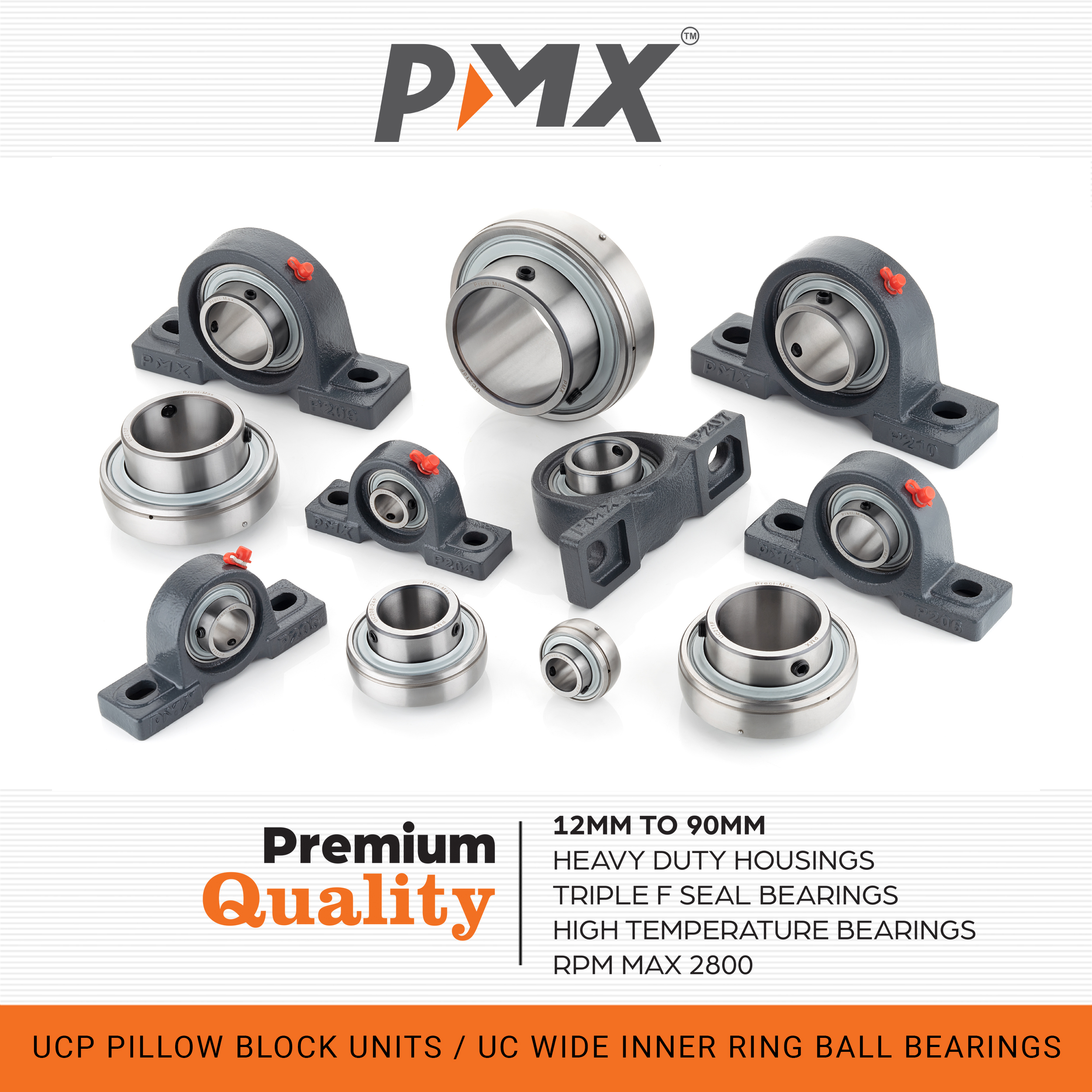 High Temperature Pillow Block Bearing - Chrome Steel, Bore Size 12mm To 90mm | Silver And Grey, F Triple Seal, Limiting Speed 1400 To 2800 Rpm
