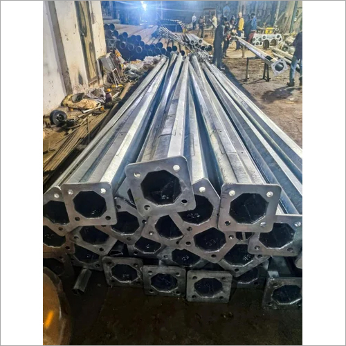 Octagonal Pole - Mild Steel, 5 Meter Height, 135mmx70mmx3mm Bottom Size, 200x12mm Foundation Plate Thickness | Silver, Outdoor Usage, Temperature Tolerance <=55°C