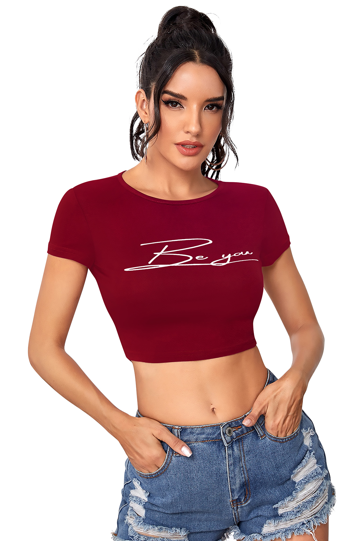 Ladies Crop Top - Knitting Hosiery, Available In S(34), M(36), L(38), Xl(40) | Black, Maroon, Peach, Pista, Short Sleeve, Printed Design For Summer