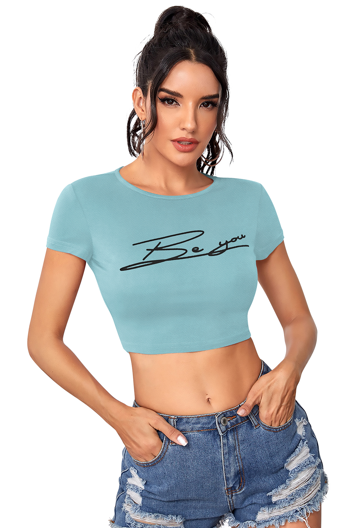 Ladies Crop Top - Knitting Hosiery, Available In S(34), M(36), L(38), Xl(40) | Black, Maroon, Peach, Pista, Short Sleeve, Printed Design For Summer