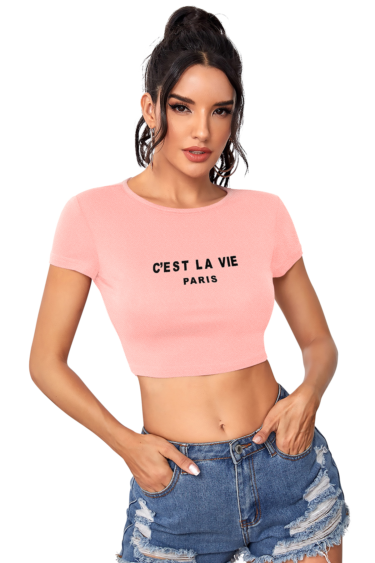 Ladies Crop Top - Knitting Hosiery, Available In S(34), M(36), L(38), Xl(40) | Black, Maroon, Peach, Pista, Short Sleeve, Printed Design For Summer