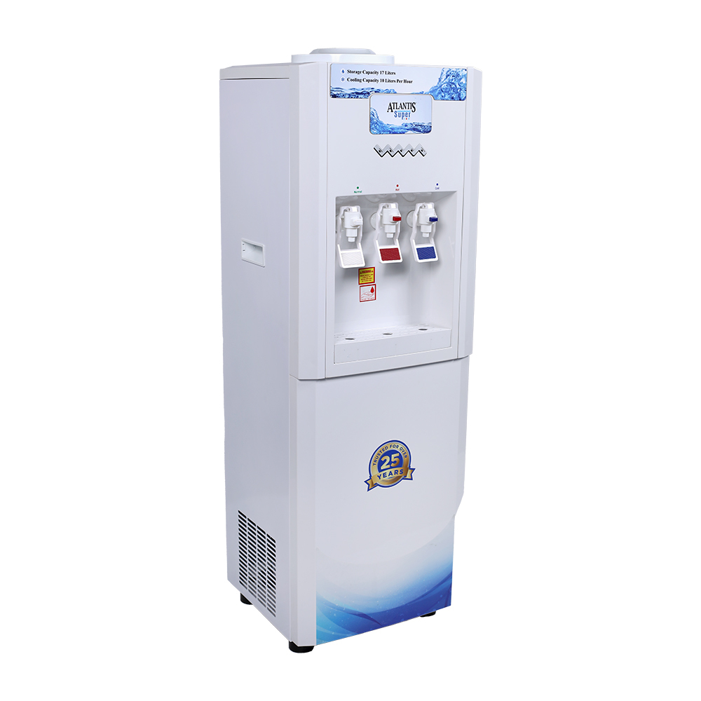 Atlantis Water Dispenser - Plastic 43.5x42x120 Cm Multicolor | Hot Normal Cold Ro Compatible 150w Cooling Power Ideal For Large Offices