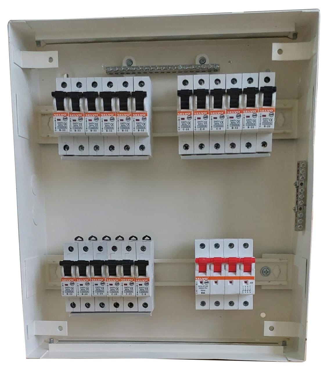 White Selvo 6 Ways Tpn Phase Selector Distribution Board