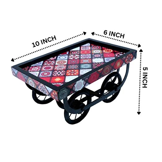 Cart Serving Platter - Wooden With Wrought Iron & Mdf, 26 X 17 X 3 Cm | Handcrafted Elegance, Perfect For Formal Events And Multipurpose Use