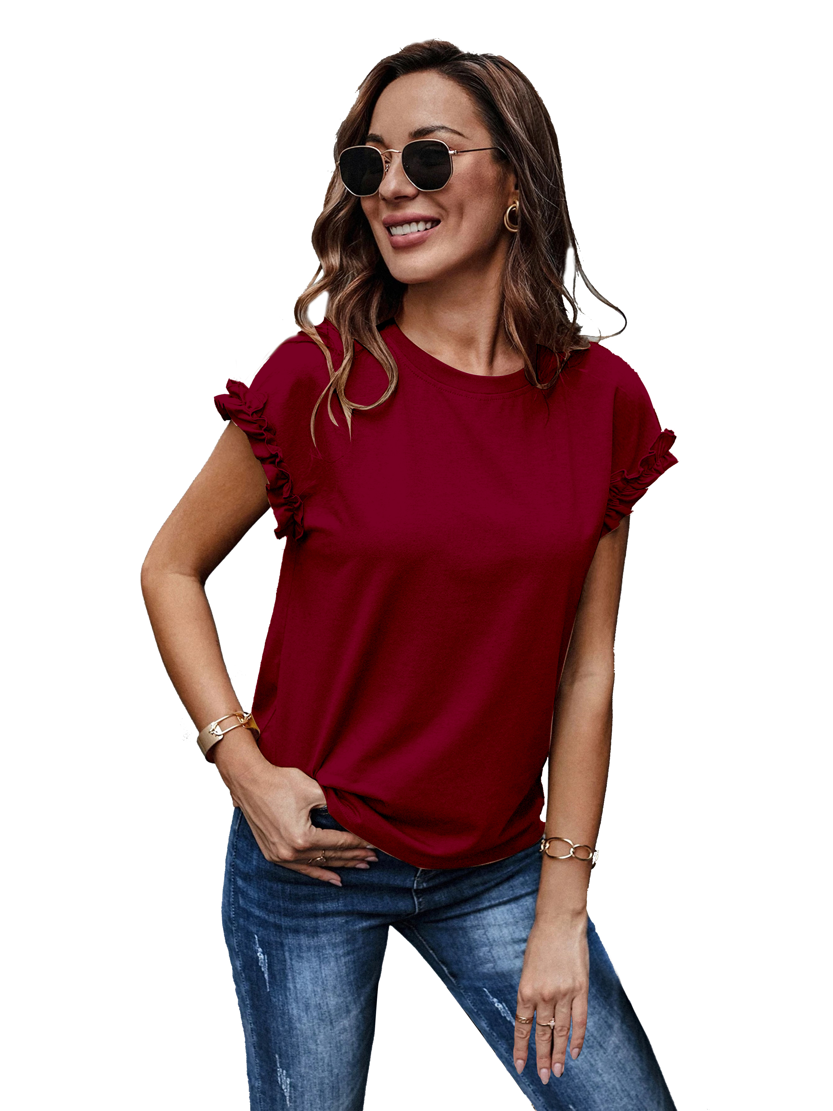 Women Exclusive T Shirts - Knitting Hosiery Fabric Xs(32) To L(38) Round Neck Short Flared Sleeves Regular Length | Stretchable Polyester Blend
