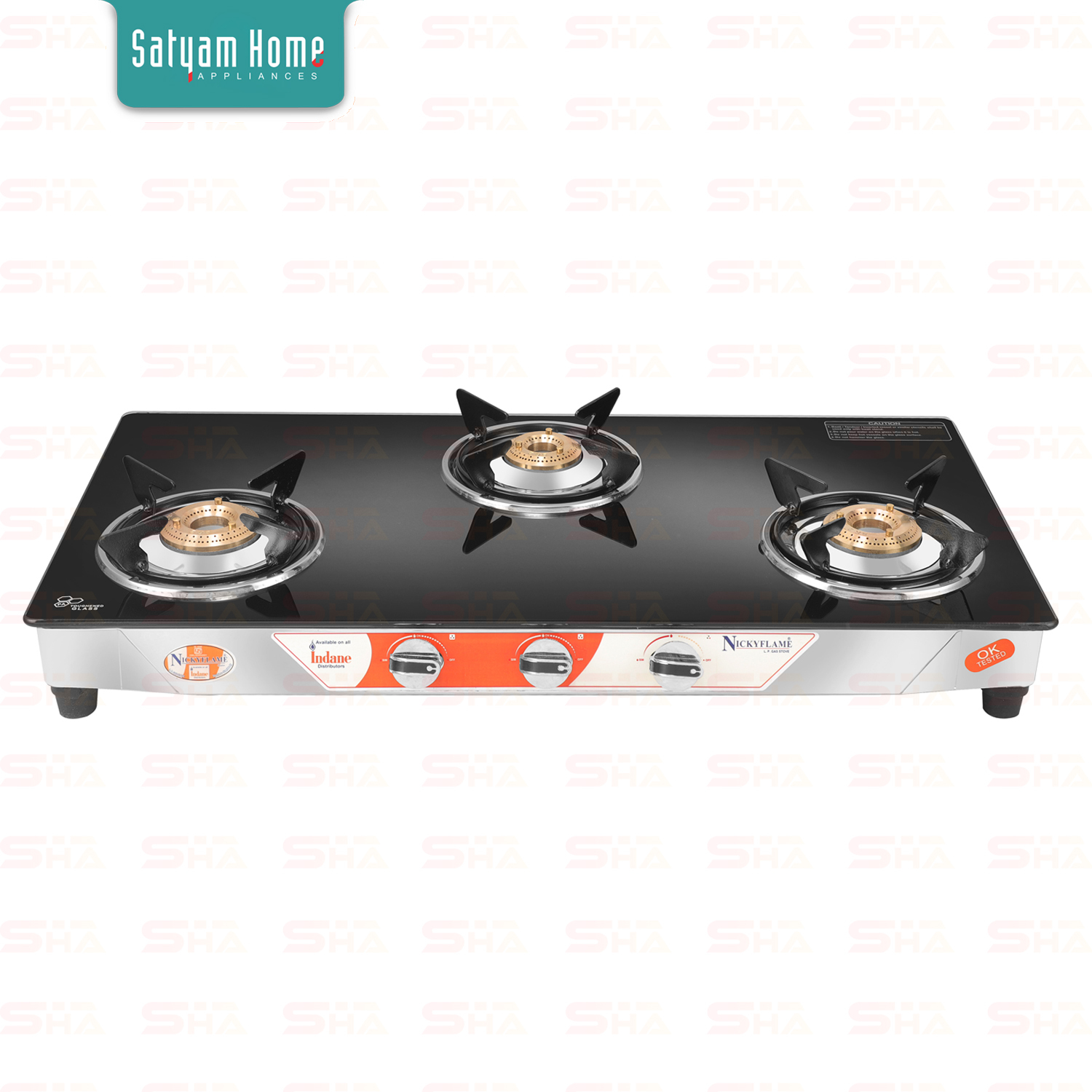 3 Burner Crystal Black Glass With Ss Frame (Regular) - Stainless Steel Frame, Toughened Black Glass, 360-degree Rotating Brass Nozzle, Backlight Knobs, Heavy Pan Support, High Efficiency