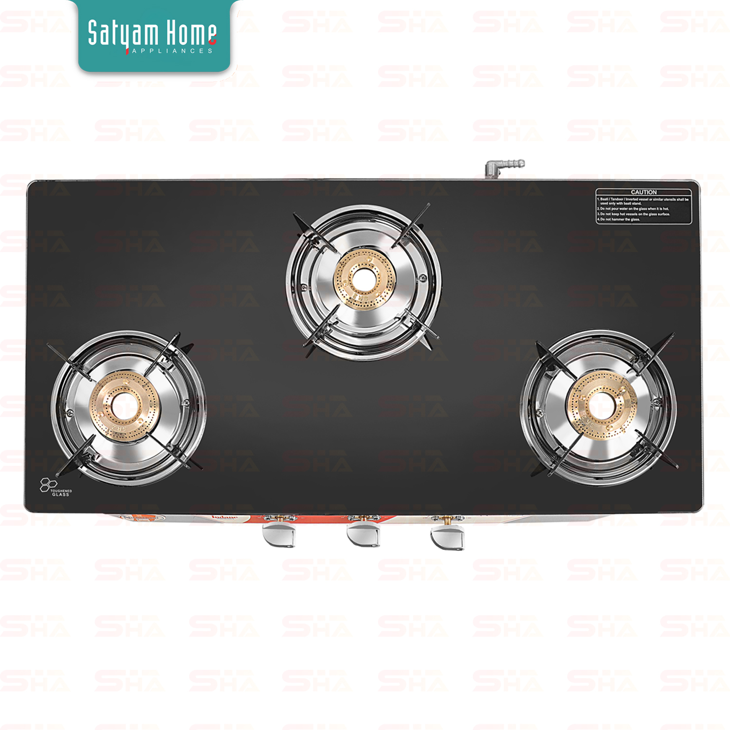 3 Burner Crystal Black Glass With Ss Frame (Regular) - Stainless Steel Frame, Toughened Black Glass, 360-degree Rotating Brass Nozzle, Backlight Knobs, Heavy Pan Support, High Efficiency