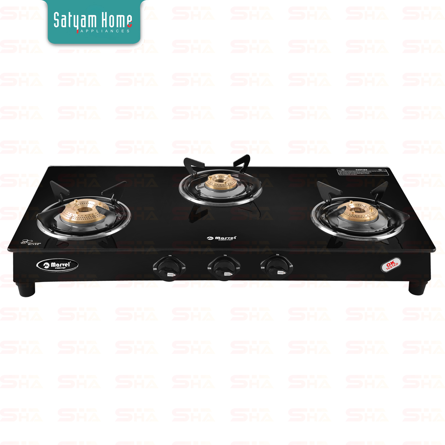 3 Burner Crystal Black Glass With Ms Frame - Toughened Black Glass, Heavy Pan Support, 360-degree Rotating Brass Nozzle, Backlight Knob | Lpg Gas Type, High-efficiency Burners