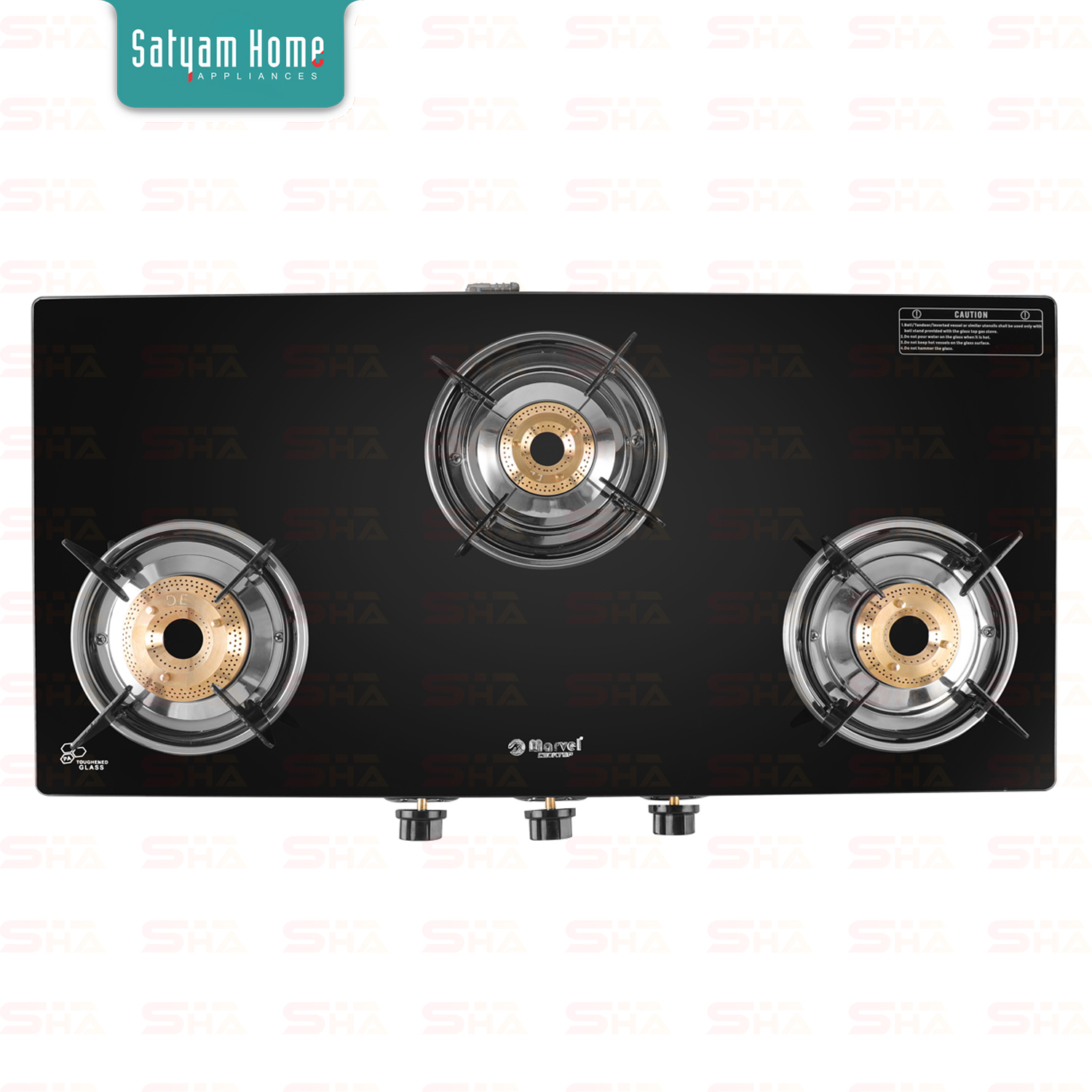 3 Burner Crystal Black Glass With Ms Frame - Toughened Black Glass, Heavy Pan Support, 360-degree Rotating Brass Nozzle, Backlight Knob | Lpg Gas Type, High-efficiency Burners