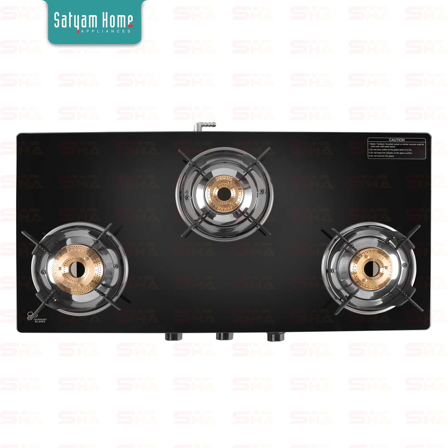 3 Burner Crystal Black Glass With Ms Air Frame - Toughened Glass, Heavy Pan Support, 360-degree Rotating Brass Nozzle, Lpg , Manual Ignition