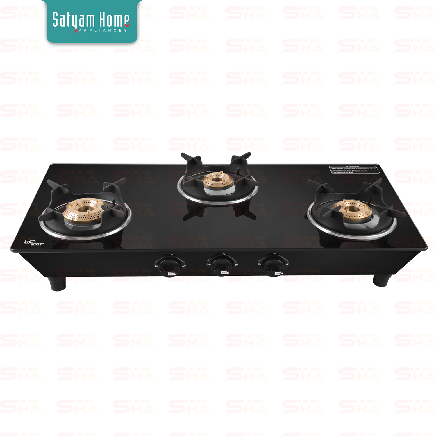 3 Burner Crystal Black Glass With Ms Air Frame - Toughened Glass, Heavy Pan Support, 360-degree Rotating Brass Nozzle, Lpg , Manual Ignition