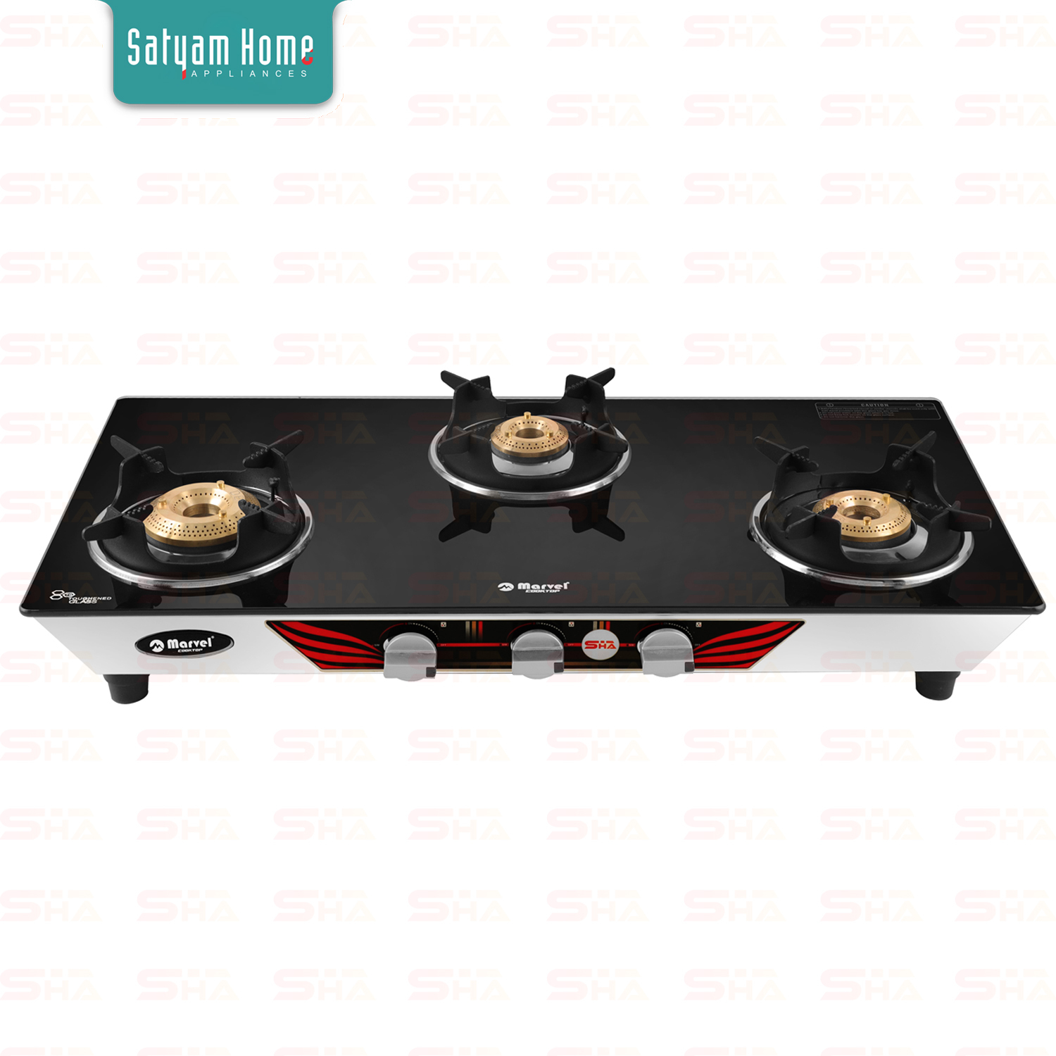 3 Burner Crystal Black With Ss Air Frame - Toughened Glass, Brass Nozzles | Durable Frame, Heavy Pan Support, 360-degree Rotating Nozzles, Stylish Design