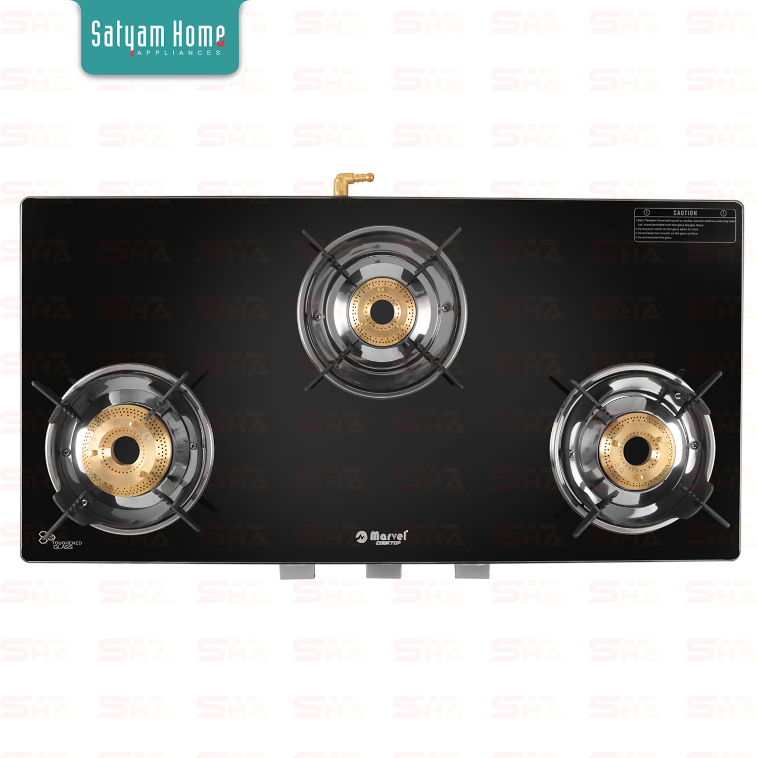3 Burner Crystal Black With Ss Air Frame - Toughened Glass, Brass Nozzles | Durable Frame, Heavy Pan Support, 360-degree Rotating Nozzles, Stylish Design