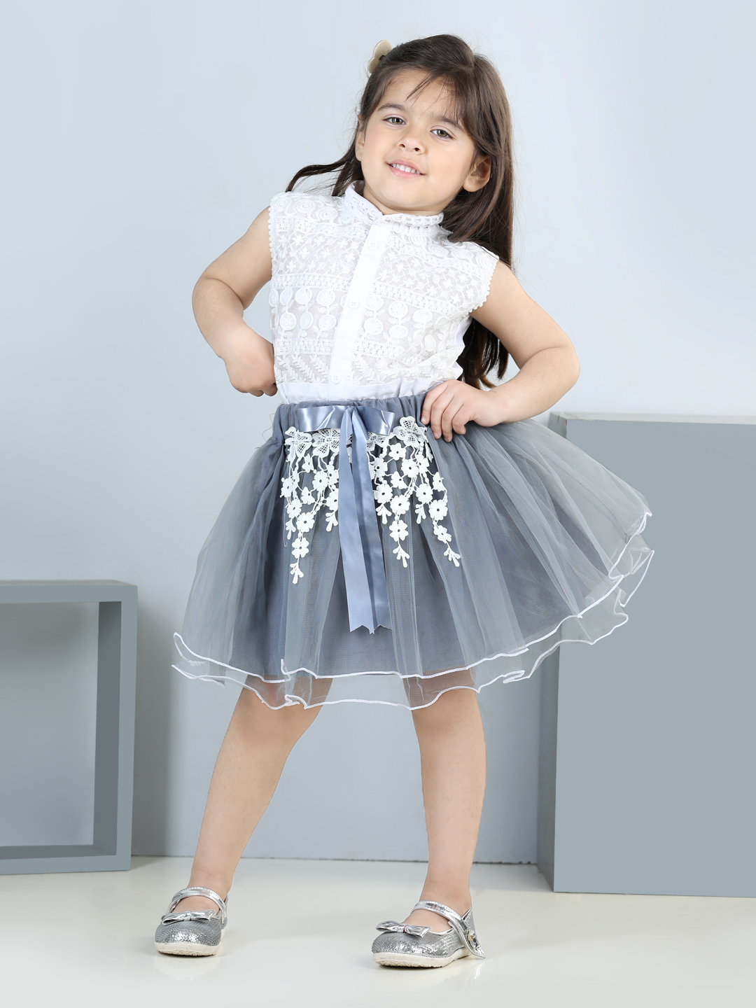 Grey Cotton Tulle Frill Skirt And White Chickenkari Top Set Hand