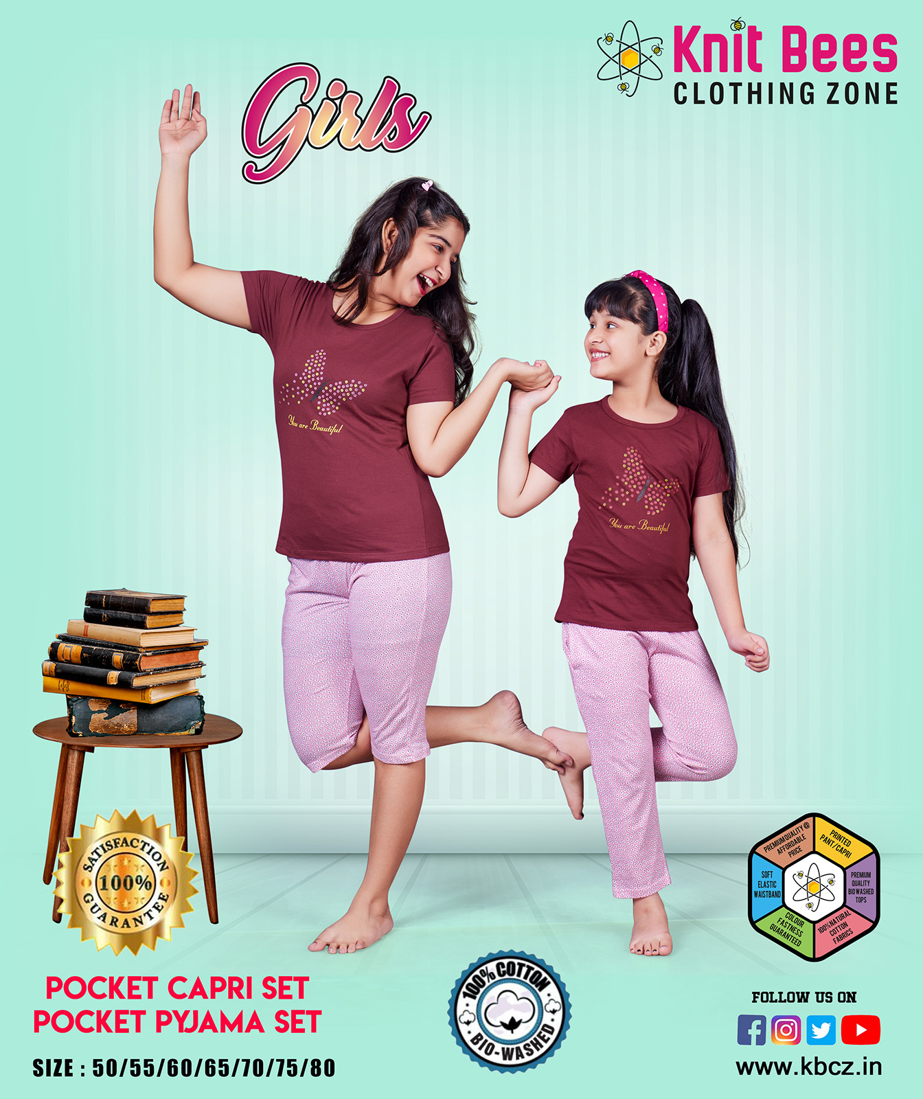 Girls Pocket Pyjama Set - Cotton Jersey, Age 1-14, Multi-color 6 Sets, Printed Pattern, Short Sleeves, Ideal For Rainy & Summer Seasons